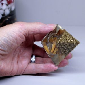 L67 Crystal Resin pyramid with Tigers Eye, Brass and Stainless Steel