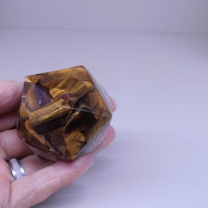 Hand-held resin polyhedron with Tigers Eye, Quartz Granite, Copper Ring & Snowflake emblem (ref L56)