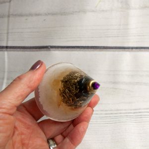 Handheld Resin Cone with Purple magnet, Citrine, Obsidian, Quartz Granite, Brass shavings (ref L138)